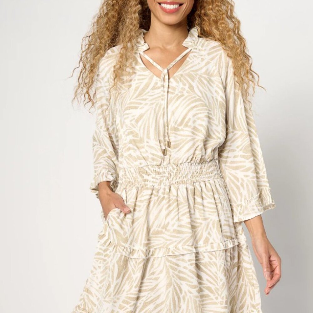 Belle Beach by Kim Gravel Tropical Print Tiered Ruffle Smocked Waist Dress Small